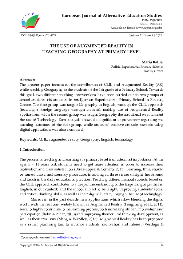 (PDF) The Use of Augmented Reality in Teaching Geography at Primary Level