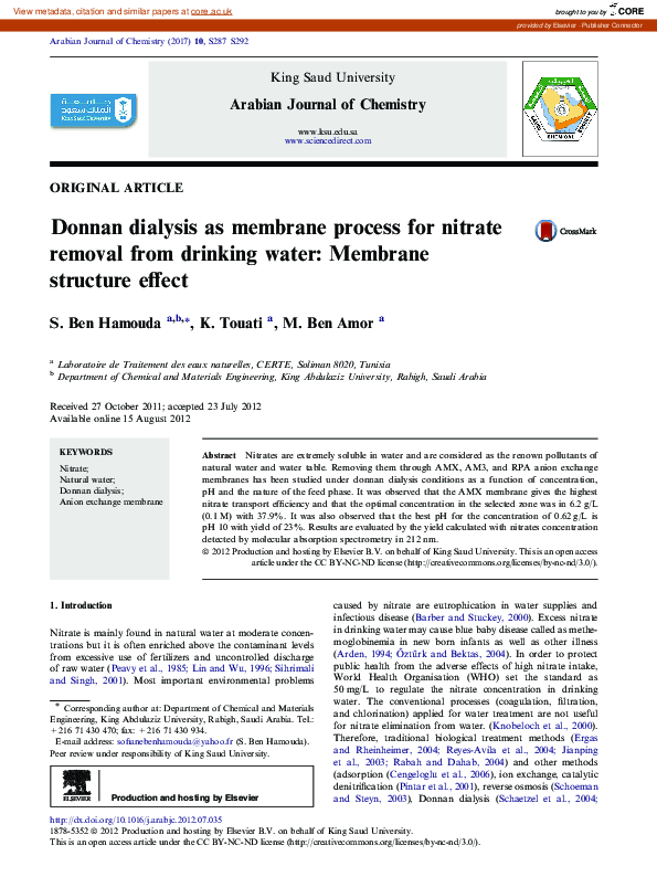 (PDF) Donnan dialysis as membrane process for nitrate removal from ...
