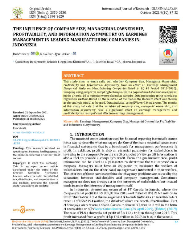 (PDF) The Influence of Company Size, Managerial Ownership ...
