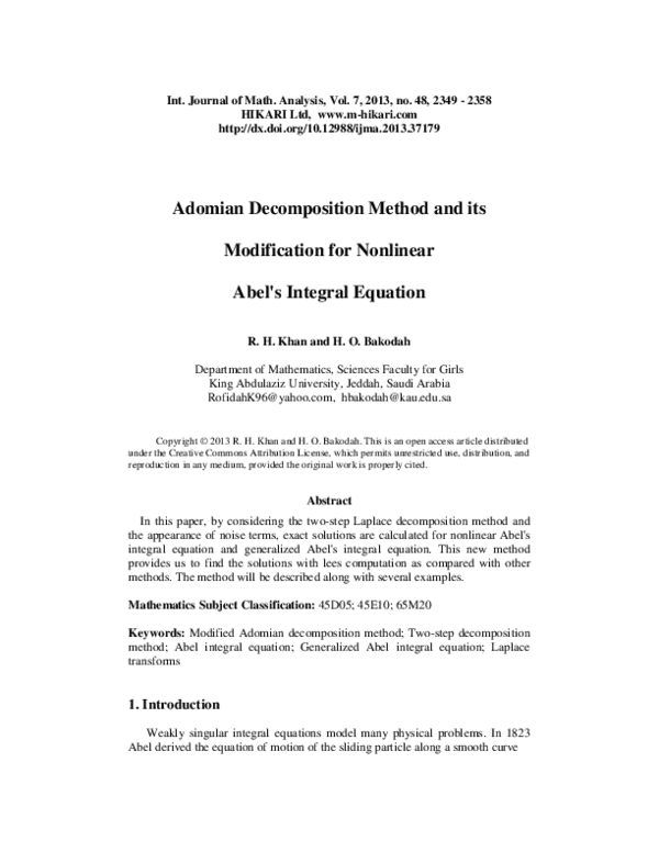 (PDF) Adomian decomposition method and its modification for nonlinear ...