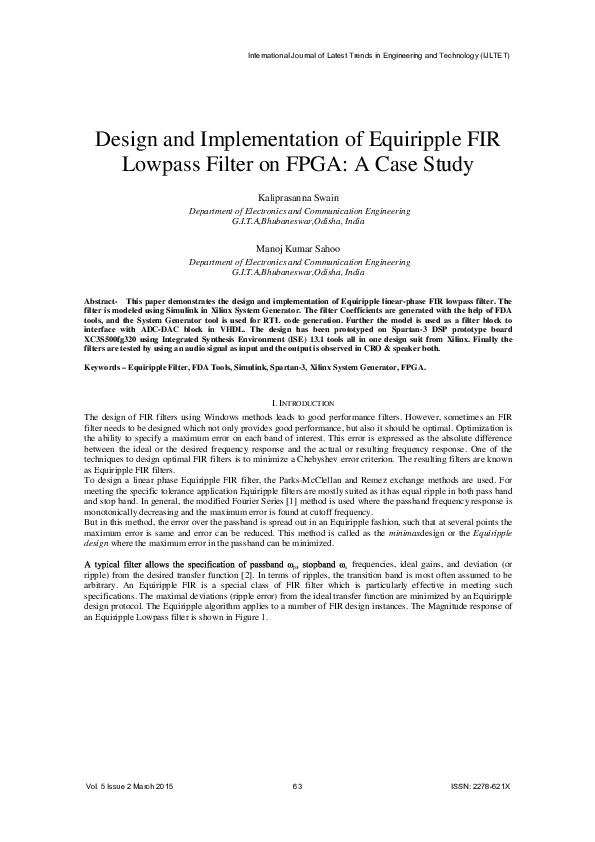 (PDF) Design and Implementation of Equiripple FIR Lowpass Filter on ...
