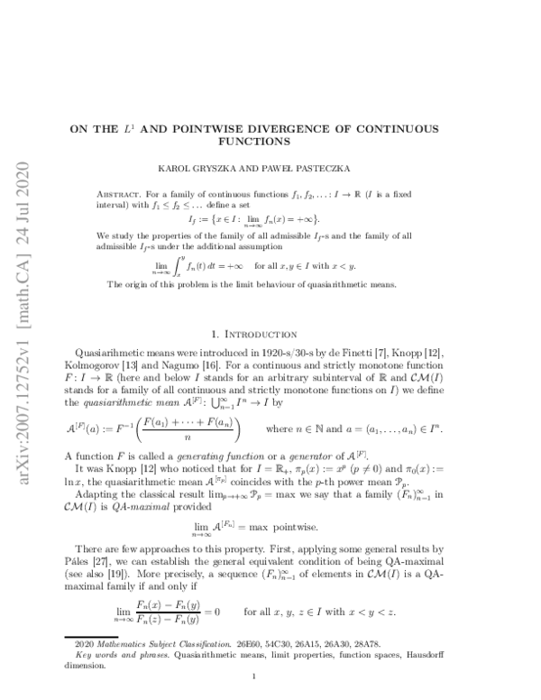(PDF) On the L^1 and pointwise divergence of continuous functions