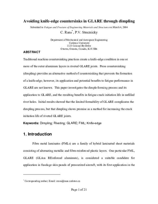 (PDF) Avoiding knifeedge countersinks in GLARE through dimpling Calvin Rans Academia.edu