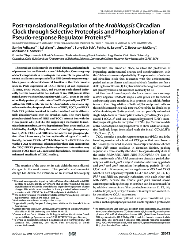 (PDF) Post-translational Regulation of the Arabidopsis Circadian Clock ...