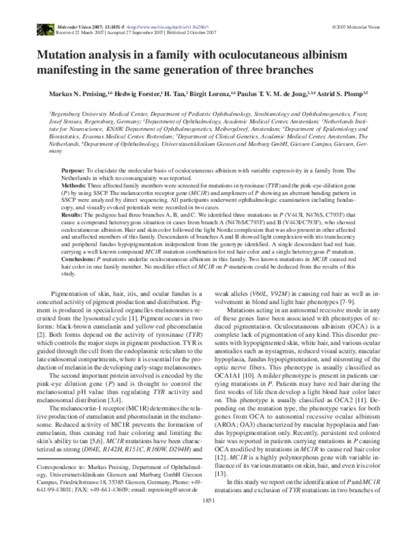(PDF) Mutation analysis in a family with oculocutaneous albinism ...
