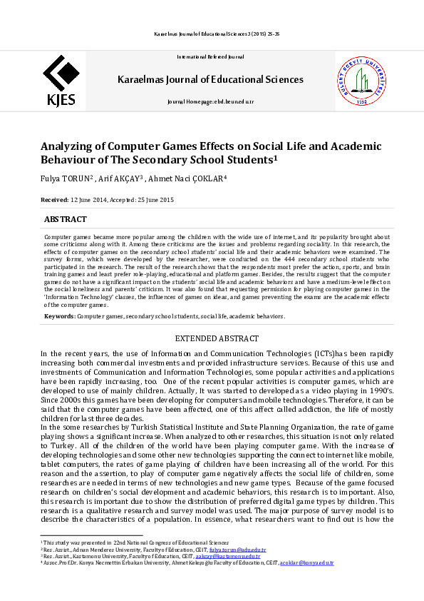 (PDF) Analyzing of Computer Games Effects on Social Life and Academic Behaviour of The Secondary