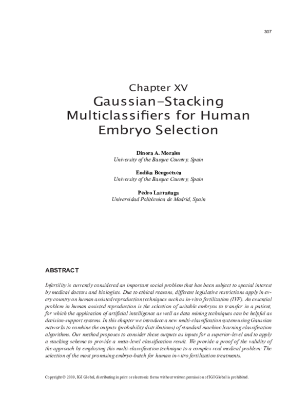 Gaussian-Stacking Multiclassifiers for Human Embryo Selection