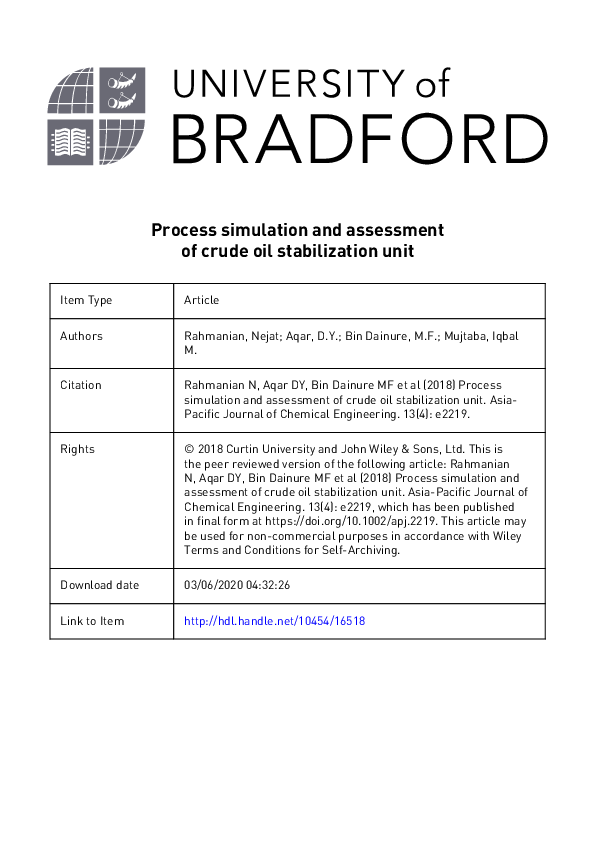 (PDF) Process simulation and assessment of crude oil stabilization unit