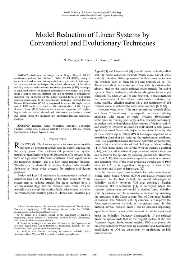 (PDF) Model Reduction Of Linear Systems By Conventional And ...
