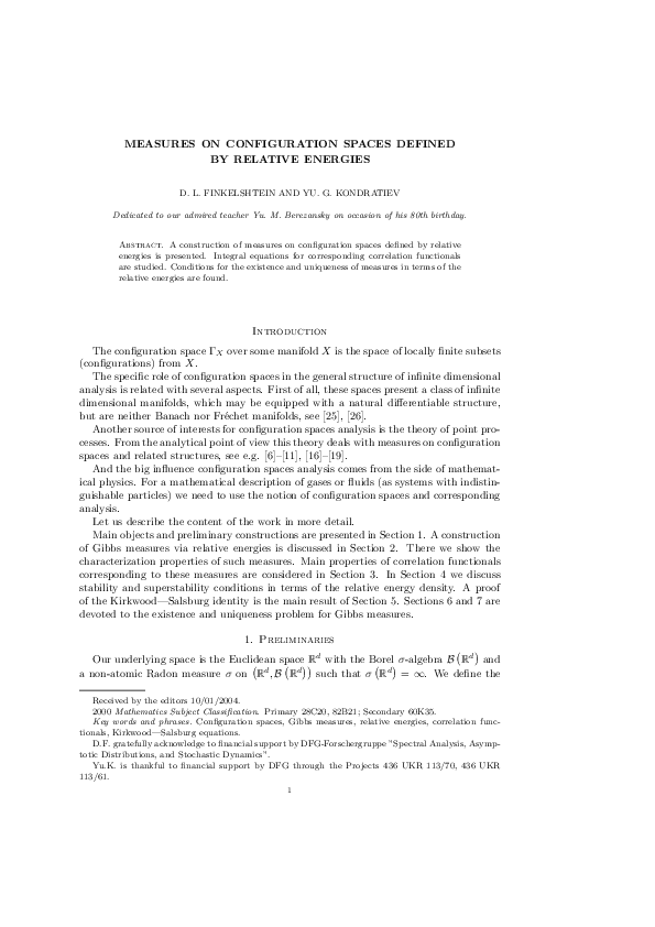 (PDF) Measures on configuration spaces defined by relative energies
