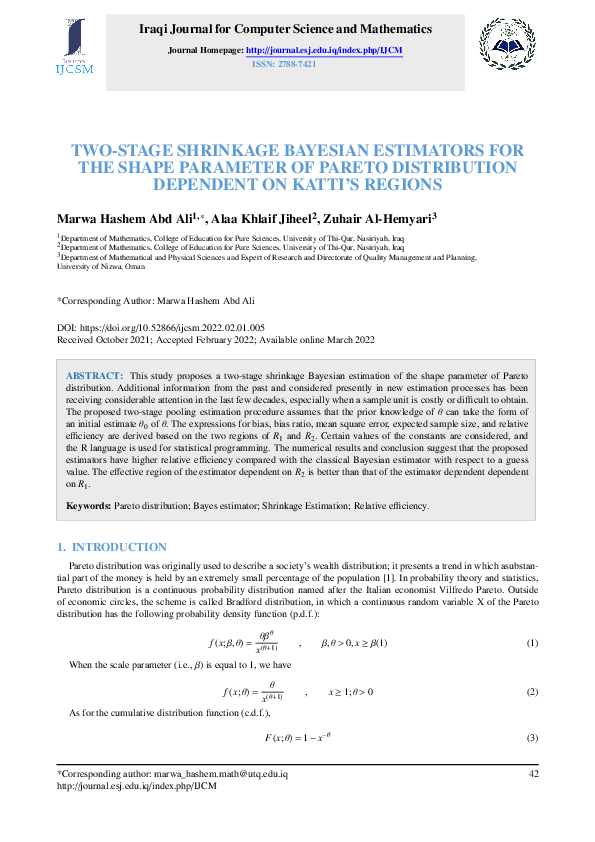 (PDF) Two-Stage Shrinkage Bayesian Estimators For The Shape Parameter ...