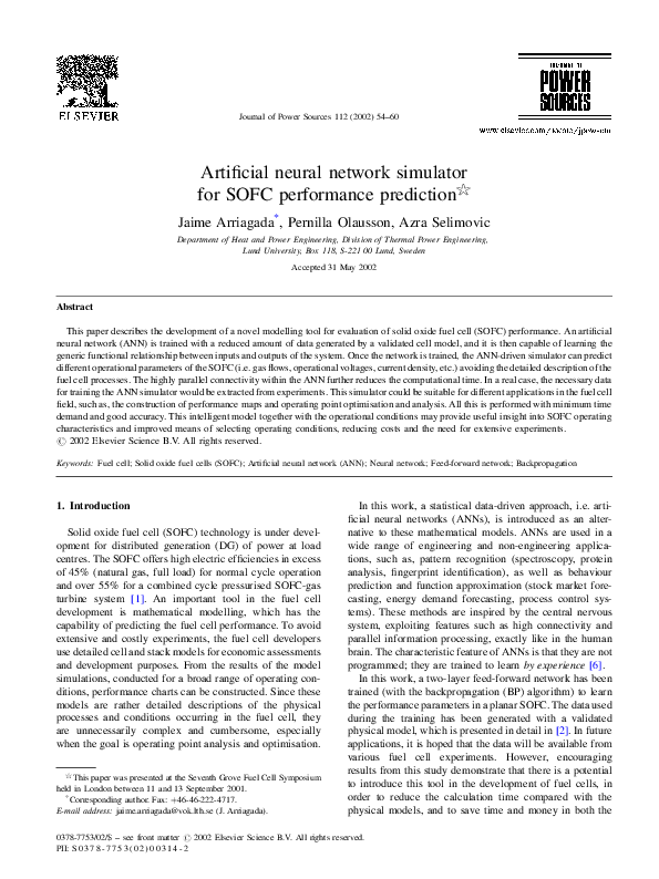 (PDF) Artificial neural network simulator for SOFC performance prediction