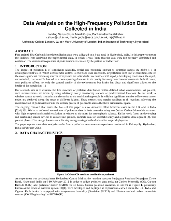 (PDF) Data Analysis on the High-Frequency Pollution Data Collected in India
