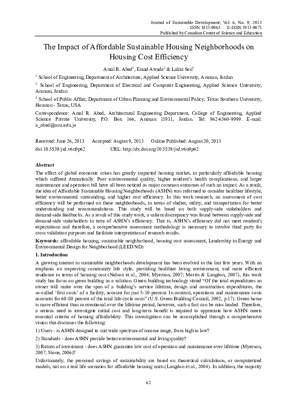 (PDF) The Impact of Affordable Sustainable Housing Neighborhoods on ...