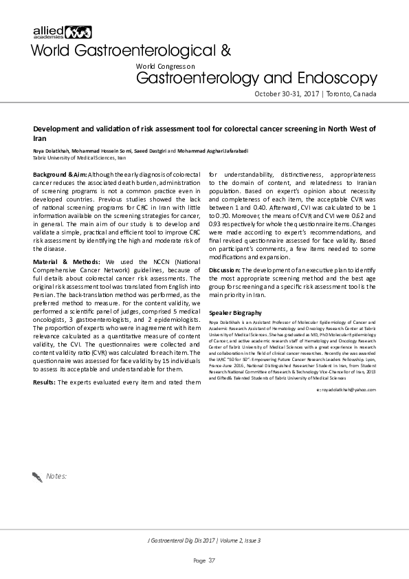 (PDF) Development and validation of risk assessment tool for colorectal ...