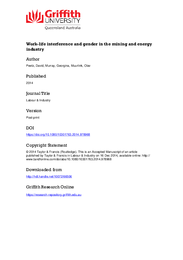 (PDF) Work–life interference and gender in the mining and energy industry