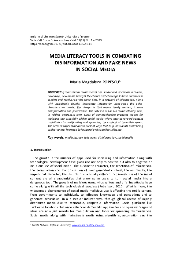 (PDF) Media Literacy Tools in Combating Disinformation and Fake News in ...