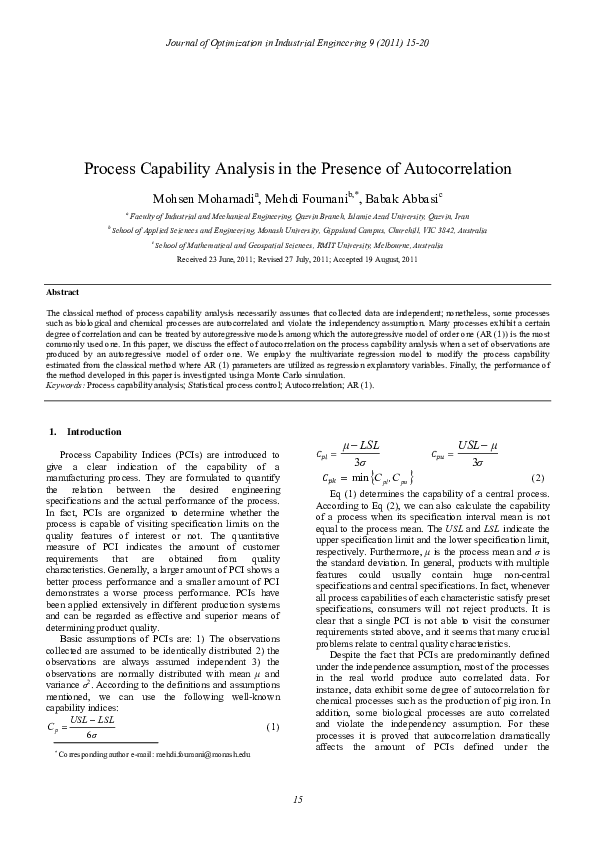 (PDF) Process Capability Analysis in the Presence of Autocorrelation