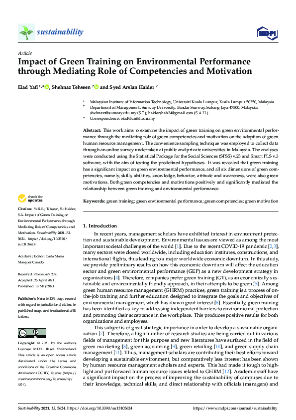 (PDF) Impact of Green Training on Environmental Performance through ...