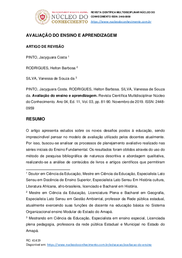 (PDF) Avaliação do ensino e aprendizagem