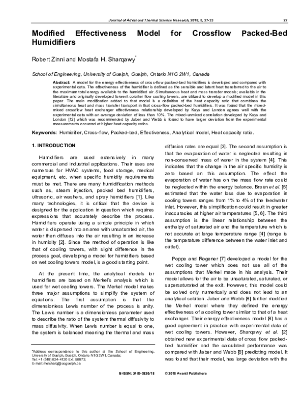 (PDF) Modified Effectiveness Model for Crossflow Packed-Bed Humidifiers