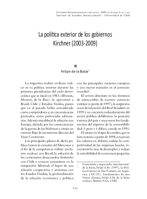 (PDF) La política exterior de los gobiernos Kirchner (2003-2009)