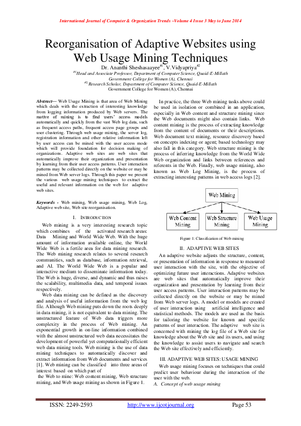 (PDF) Reorganisation of Adaptive Websites Using Web Usage Mining Techniques