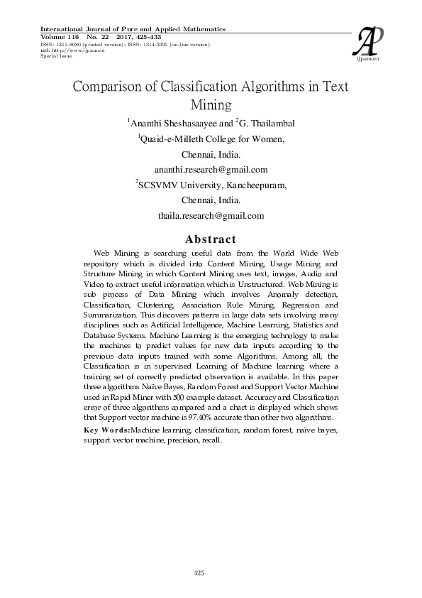 (PDF) Comparison of Classification Algorithms in Text Mining
