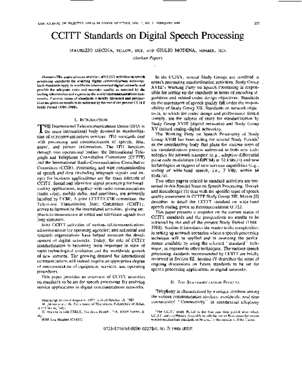 (PDF) CCITT standards on digital speech processing