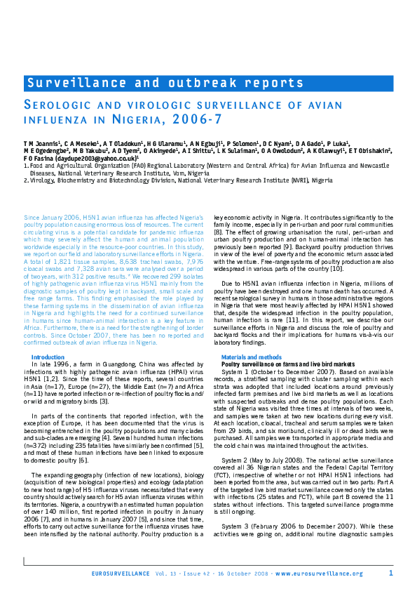 (PDF) Serologic and virologic surveillance of avian influenza in ...
