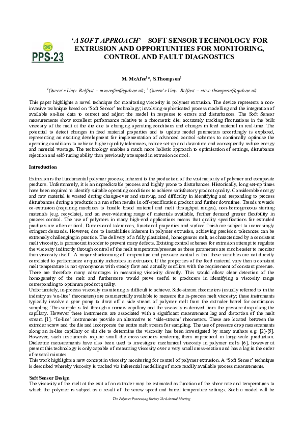 (PDF) A Soft Approach' – Soft Sensor Technology for Extrusion and ...
