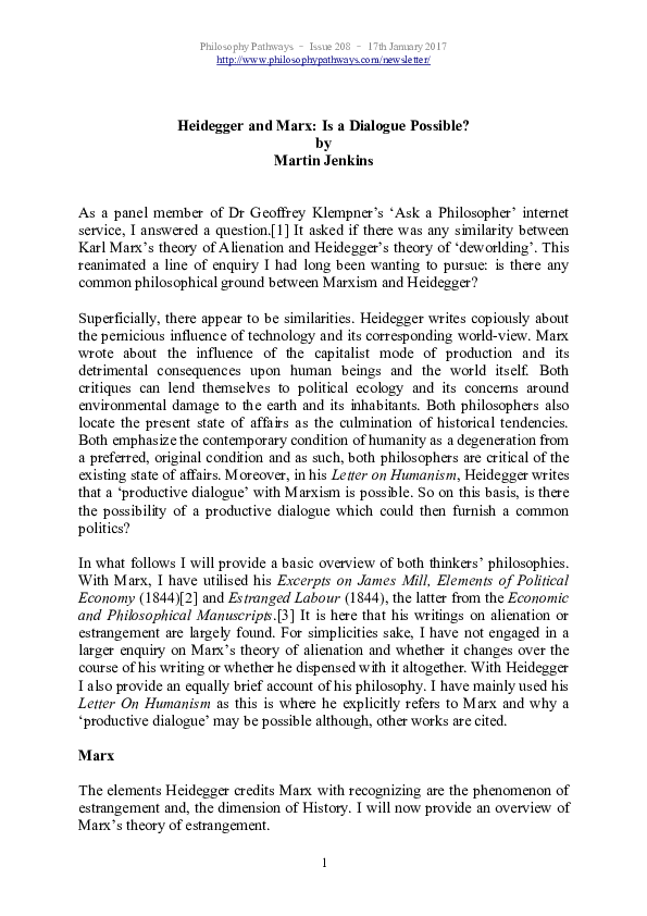 (PDF) Heidegger and Marx: Is a Dialogue Possible?
