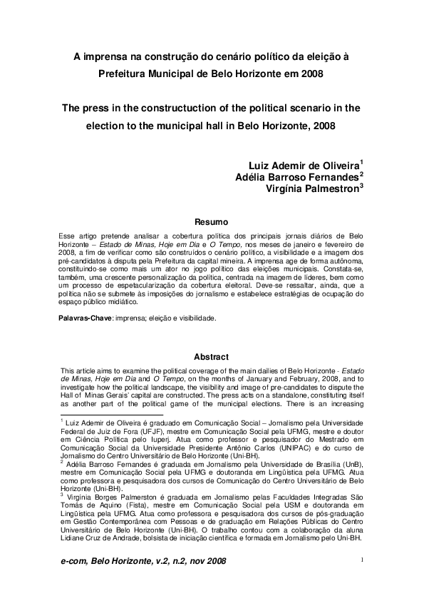 A imprensa na construção do cenário político da eleição à Prefeitura Municipal de Belo Horizonte em 2008
