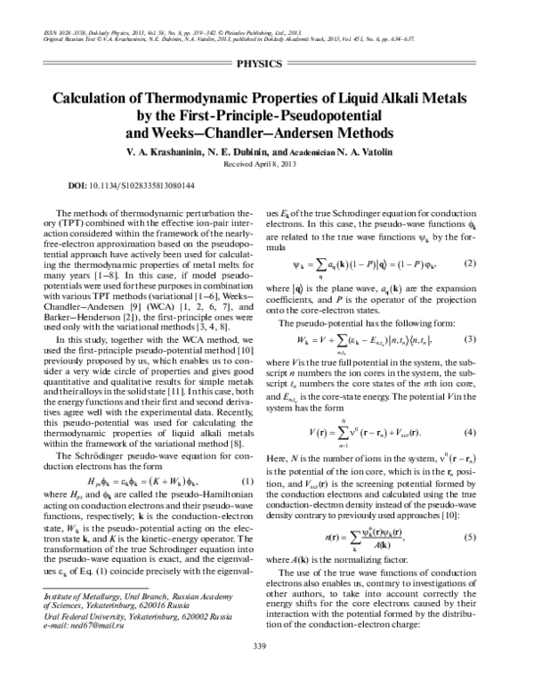 (PDF) Calculation of thermodynamic properties of liquid alkali metals ...