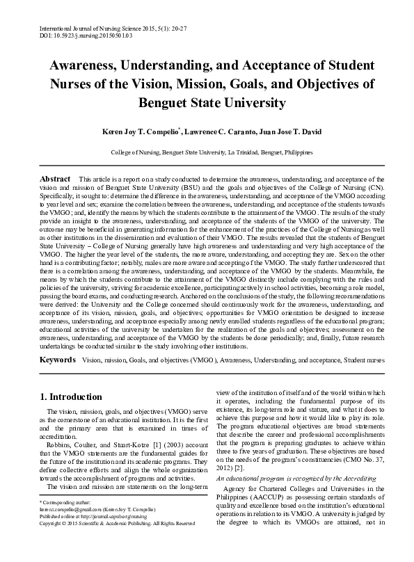 (PDF) Awareness and Acceptance of ESSU Guiuan's Vision, Mission, Goals ...