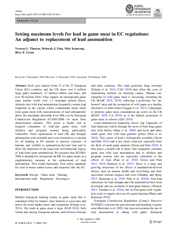 Setting maximum levels for lead in game meat in EC regulations: An adjunct to replacement of lead ammunition