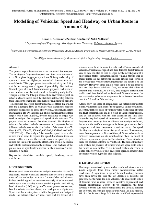 (PDF) Modelling of Vehicular Speed and Headway on Urban Route in Amman City