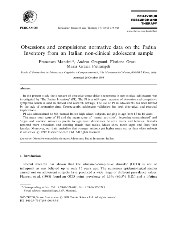 (PDF) Obsessions and compulsions: normative data on the Padua Inventory ...