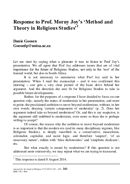 (PDF) Response to Prof. Morny Joy's 'Method and theory in Religious Studies