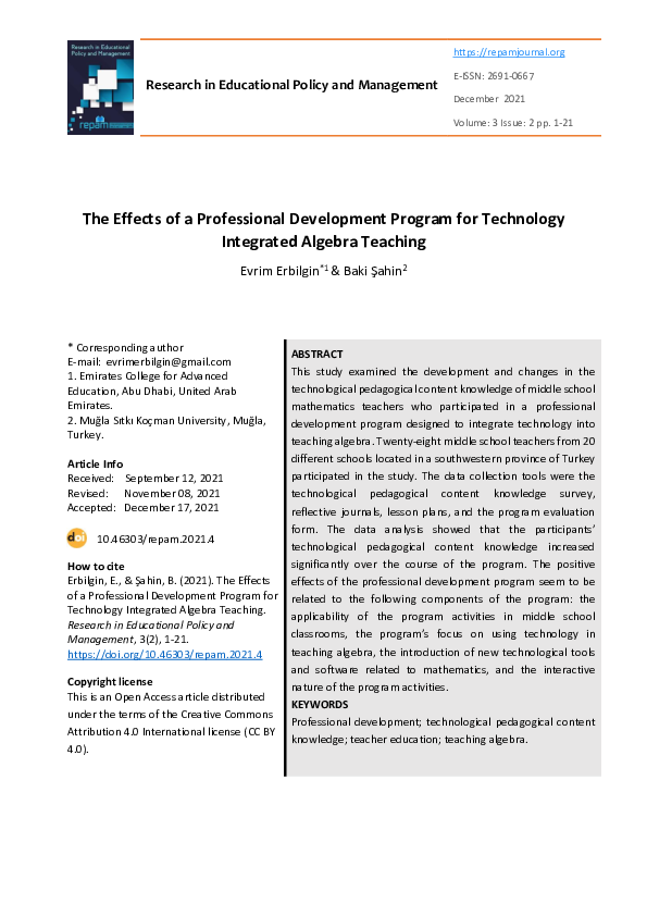 (PDF) The Effects of a Professional Development Program for Technology ...