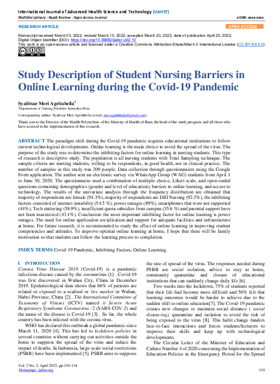 (PDF) Study Description of Student Nursing Barriers in Online Learning ...