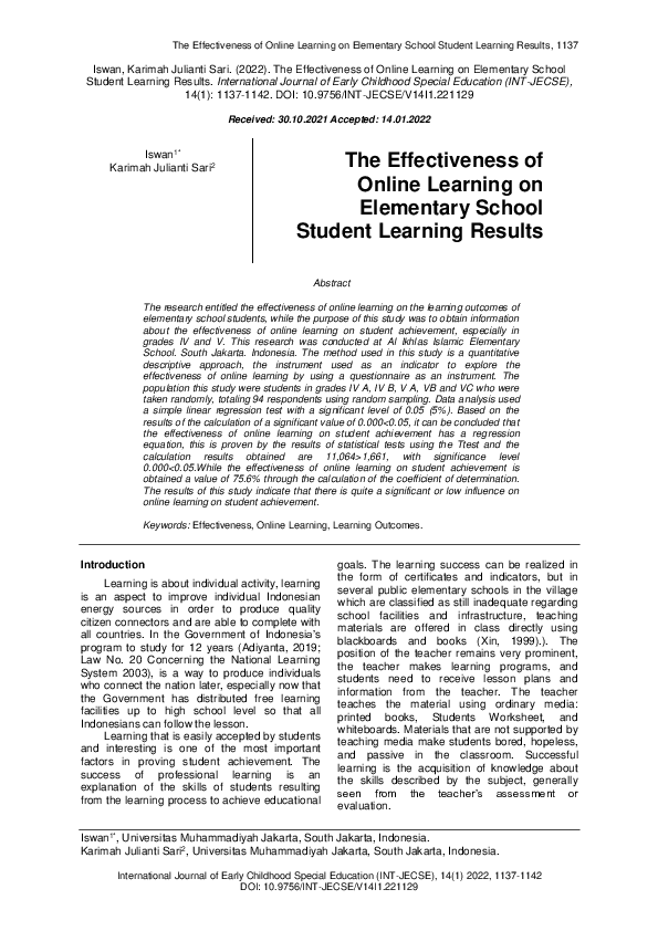 (PDF) The Effectiveness of Online Learning on Elementary School Student ...