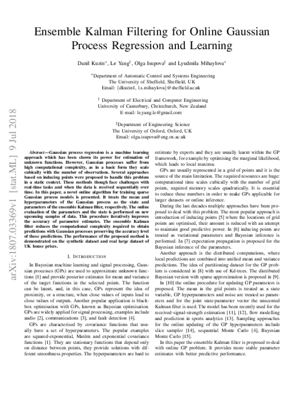 (PDF) Ensemble Kalman Filtering for Online Gaussian Process Regression ...
