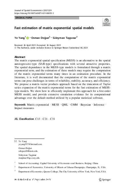 (PDF) Fast estimation of matrix exponential spatial models