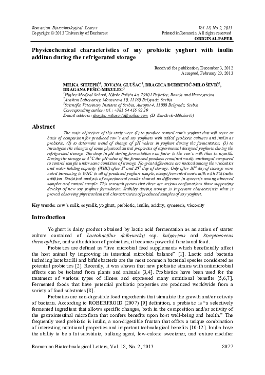Physicochemical characteristics of soy probiotic yoghurt with inulin additon during the refrigerated storage