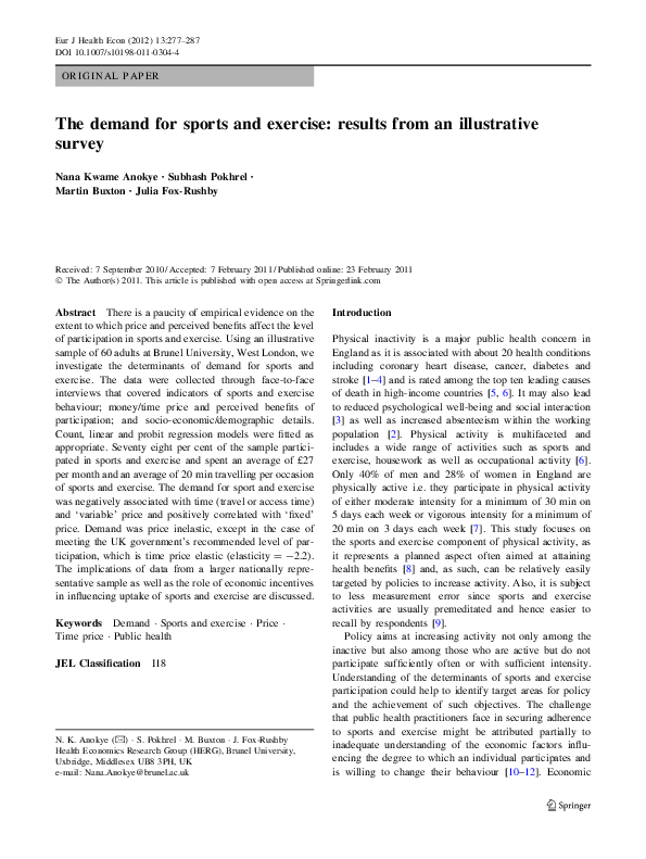 (PDF) ORIGINAL PAPER The demand for sports and exercise: results from ...