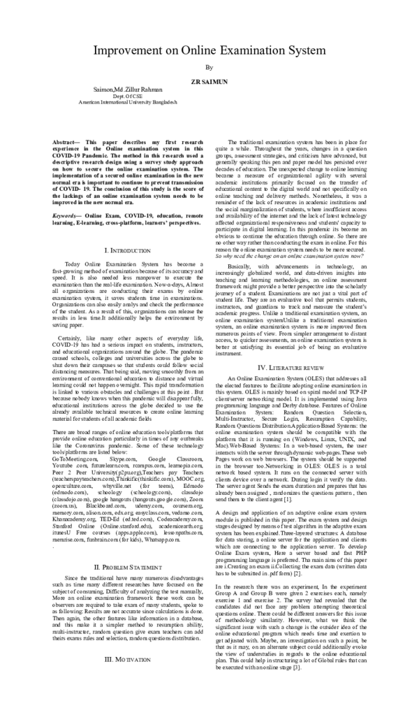 (PDF) Improvement on Online Examination System