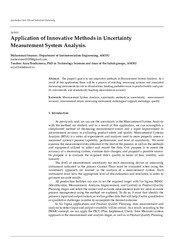 (PDF) Application of Innovative Methods in Uncertainty Measurement ...