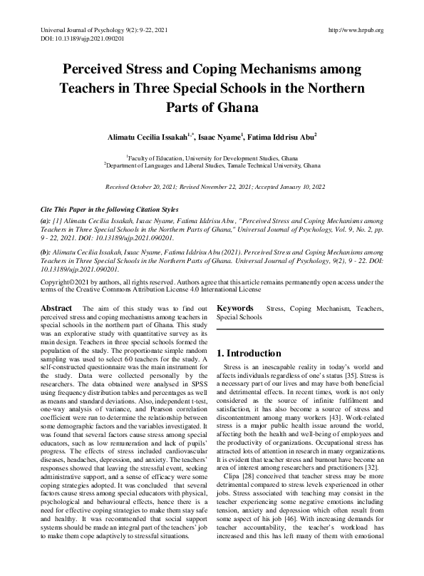 (PDF) Perceived Stress and Coping Mechanisms among Teachers in Three ...