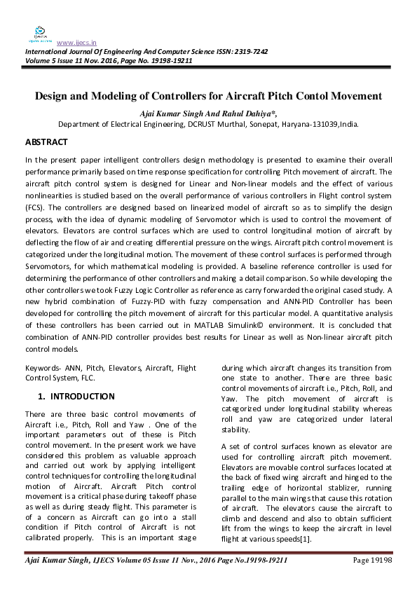 (PDF) Design and Modeling of Controllers for Aircraft Pitch Contol Movement
